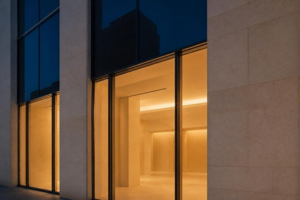 Gewerbefassade mit beleuchteten Fenstern in der Abenddämmerung