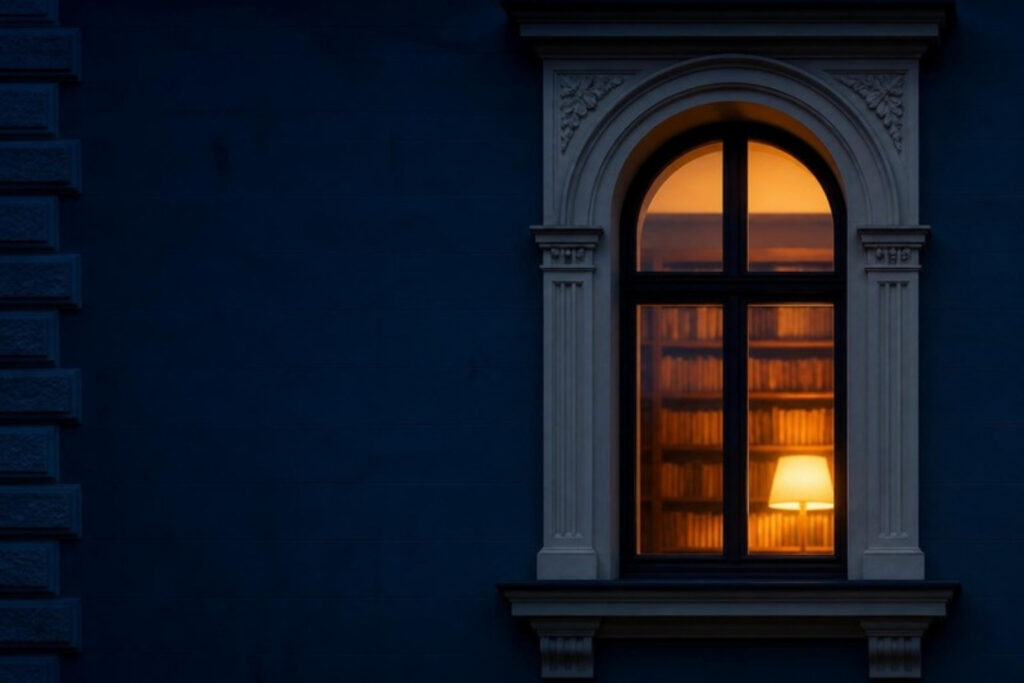 Beleuchtetes Rundbogenfenster mit Bücherregal in einem Altbau