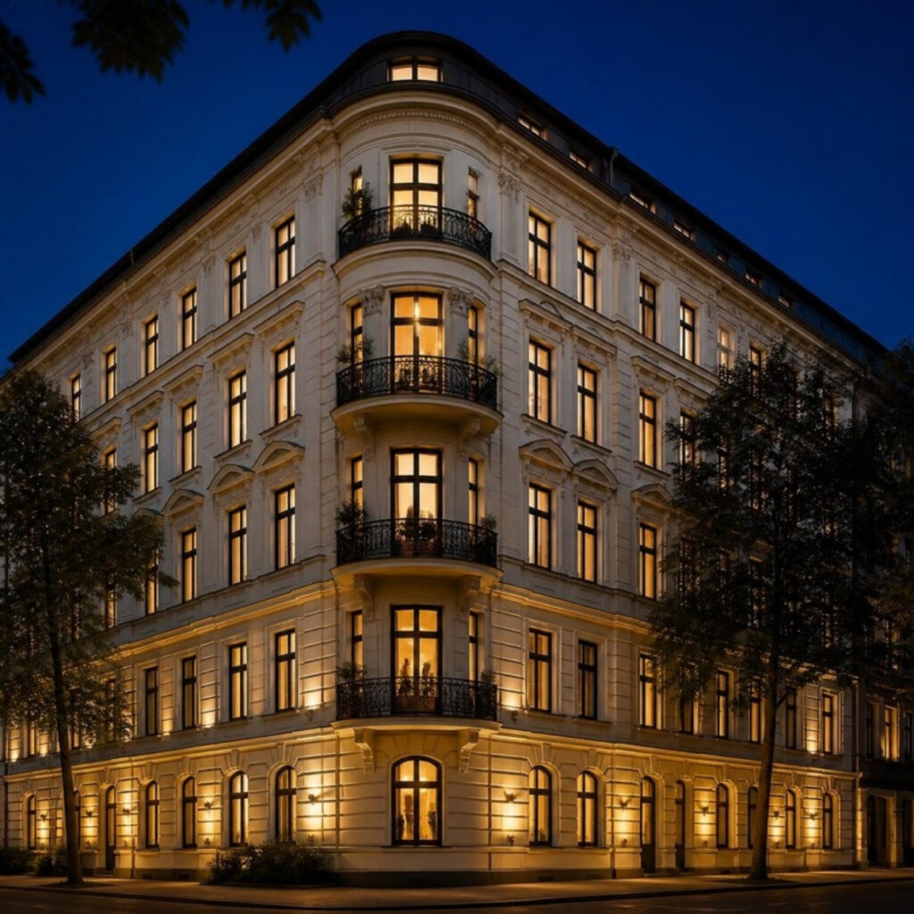Berliner Altbau-Eckhaus in der Abenddämmerung