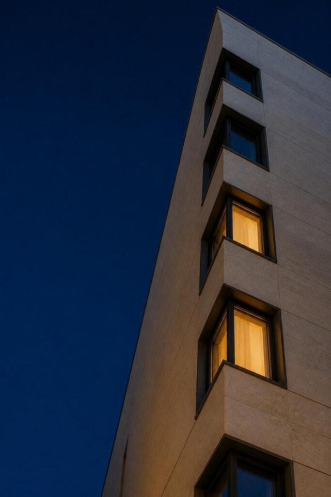 Moderne Fassadenkante mit beleuchteten Fenstern in der blauen Stunde
