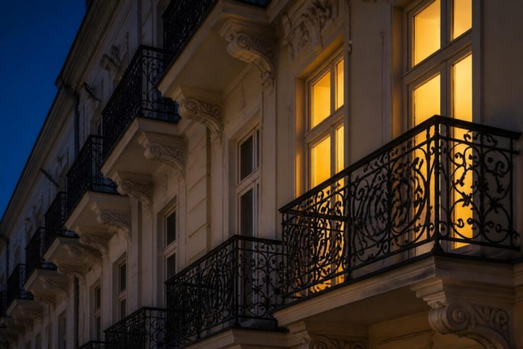 Altbaufassade mit schmiedeeisernem Balkon am Abend