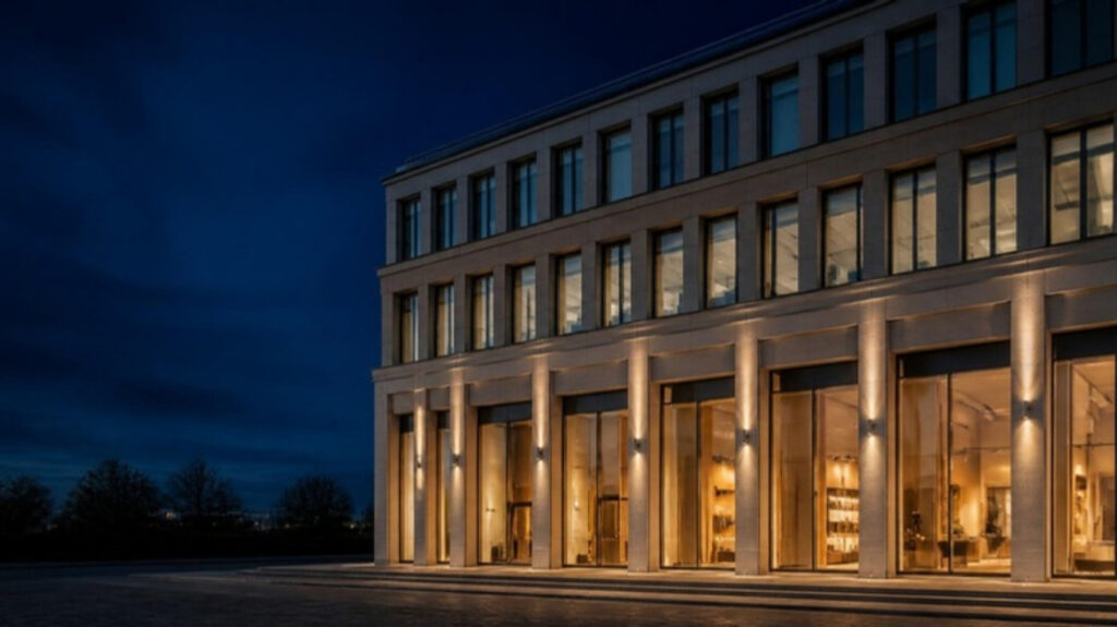 Gewerbegebäude mit beleuchteten Erdgeschossflächen am Abend
