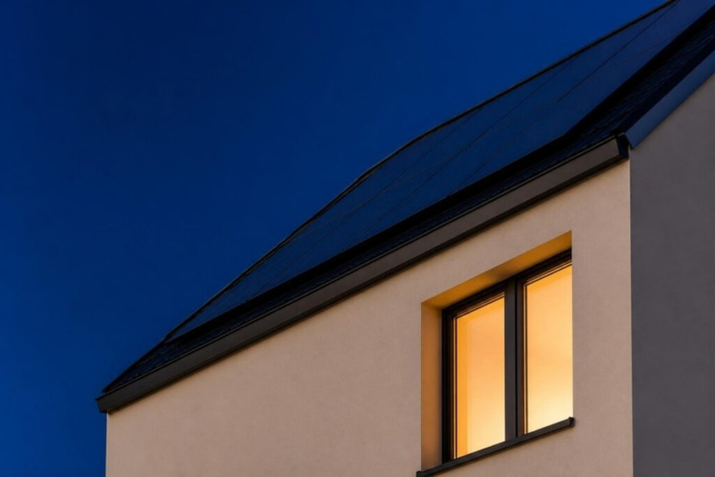 Dachgiebel mit beleuchtetem Fenster in der blauen Stunde